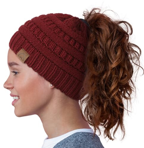 Hat Hut Damen Satin gefütterte Beanie-Mütze, mit Seide gefüttert, Wintermütze für lockiges Haar, Pferdeschwanz Ponytail Beanie, Strickmütze (DE/NL/SE/PL, Alphanumerisch, Einheitsgröße, Rot)