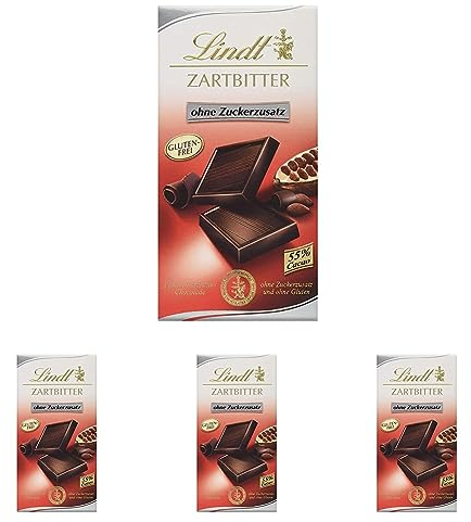 Lindt Schokolade Zartbitter ohne Zuckerzusatz | 100 g Tafel | Feinste mit 55% Kakao ohne und ohne Gluten| | Schokoladentafel | Schokoladengeschenk (Packung mit 4)