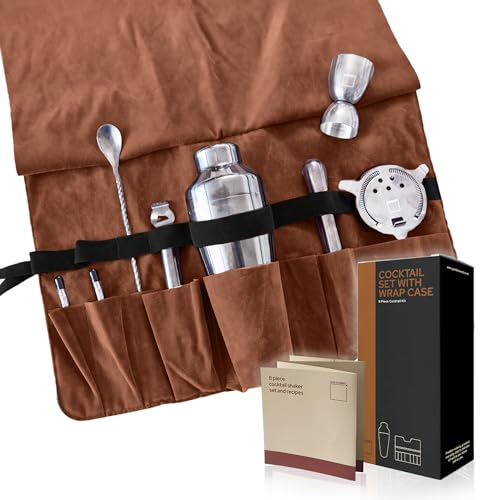 Set di 8 pezzi Cocktail Shaker Custodia arrotolata, Accessori per la casa Set da bar, Set da cocktail Shaker in acciaio inossidabile, Kit Martini Espresso (Argento con custodia marrone)