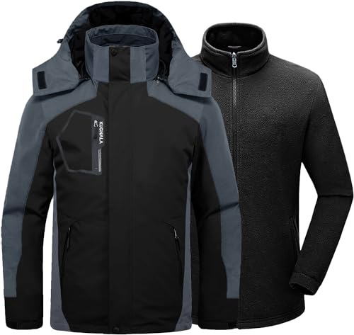Kugnala Vinterskidjacka för män 3 i 1 vattentät varm snö fleece foder kappa huva vindtät jacka S-3XL, Svart/grå, 3XL