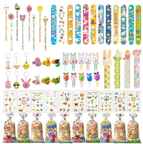 Shinybox Ostern Mitgebsel - 89 Stück Party Mitgebsel, Gastgeschenke für Kinder: Schnapparmbänder, Tattoos, Bleistift, Cellophantüten, Partytütenfüller
