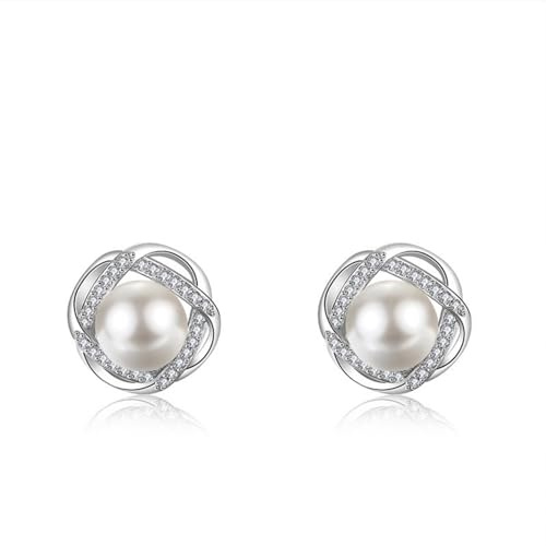 ankbrats Silber Perlen Ohrringe - Hypoallergene Kleeblatt Stecker Mit Cubic Zirkonia, Modische Elegante Süßwasserperlen Geschenk für Frauen Mädchen
