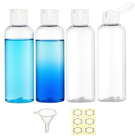 Apstaqeoo 4PCS 150ML Plastic Travel Bottles with White Flip Cap Empty Squeeze Bottle Transparent Refillable Travel Container with Funnel Label for Liquid Lotion Shampoo Toiletries Makeup Cosmetic