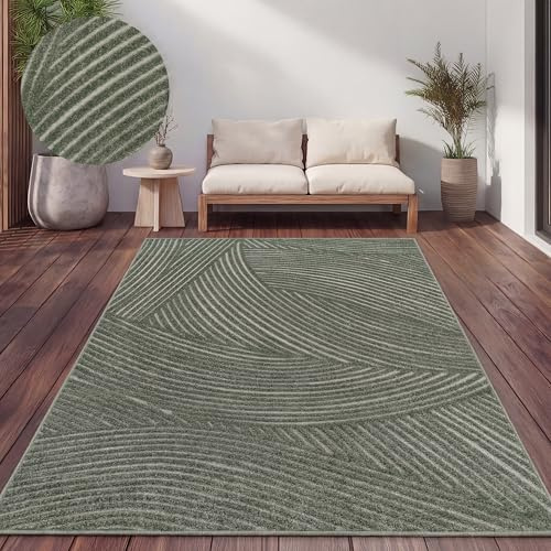 Paco Home Teppich Outdoor Wetterfest, Moderne abstrakte Boho Designs mit 3D Struktur, Pflegeleicht, ideal für Terrasse Wohnzimmer & Küche, Grösse:120x160 cm, Farbe:Grün 2