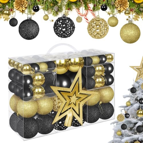 101pcs Weihnachtskugeln Christbaumkugeln schwarzes Gold Set changierend glänzend glitzernd matt Christbaumschmuck bis Ø 6 cm -Weihnachtsbaum-Sternspitze (Black Gold)