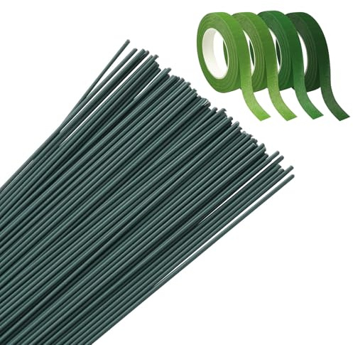 JRJRN 4 Rollos Cinta de Tallo Floral, Cinta de Enmascarar de Flora con 100 Tallos de Alambre Floral, Cinta Adhesiva de Flores, Cinta Floral Verde para Envolver Ramos, Manualidades DIY