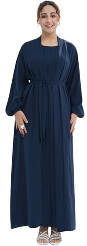 Zofocy Elegant Muslim Two-Piece Long Abaya - Belted Design, Side Pockets, Islamic Prayer Dress, Women Eid Clothes