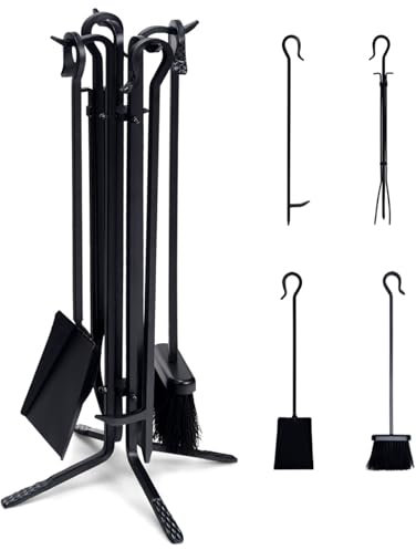 Ensemble d'outils de cheminée en fer forgé avec support, pince, pelle, brosse et tisonnier, idéal pour poêle à bois et poêle à charbon, base ronde avec 4 crochets