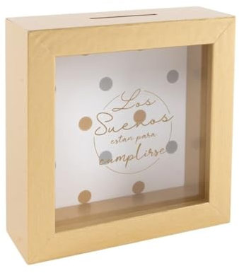 Hucha Decorativa de Cristal y Color Dorado con Mensaje Motivacional. los sueños Estan para cumplirse, 15x15x5 cm