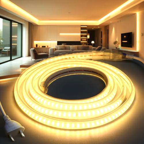 BRIMETI LED Streifen 5M 230V Neon Strip IP65 Wasserdicht Aussenbereich Warmweiß 3000K 145LEDS/M mit Netzteil und Stecker, Flexibel DIY LED Band Lichtband für Außen und Innen Wohnzimmer Küche Deko