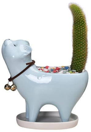 Yizzwtc Macetas de Cerámica, Maceteros Decorativos Interior Pequeños, Maceta en Forma de Gato Bonita Maceta para Suculentas para Casa, Suculentas, Flores, Cactus, Decoración de Hogar (Azul)