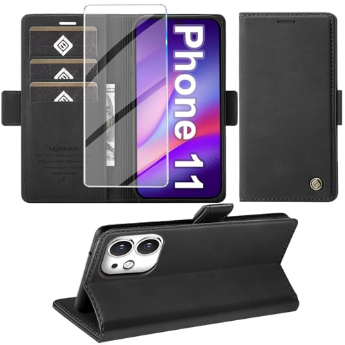 Giyer Cover per iPhone 11 Custodia con Vetro Temperato, Premium PU Portafoglio Slot per Scheda RFID Antifurto Funzione Supporto Flip Case, Antiurto per iPhone 11 5G Cover (Nero)