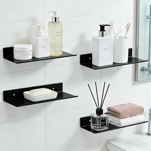 MUNGHOK 4 Stück Wandregal Schwarz Metall 30x12x4cm, Duschablage Badezimmer Regal, Schweberegal Hängend für Wohnzimmer, Bad, Schlafzimmer, Büro, Küche, Wandablage