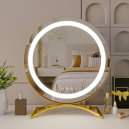 Grande specchio rotondo illuminato per toletta, specchio autoportante a LED con luci, rotazione a 360°, Smart Touch dimmerabile, specchio da tavolo illuminato