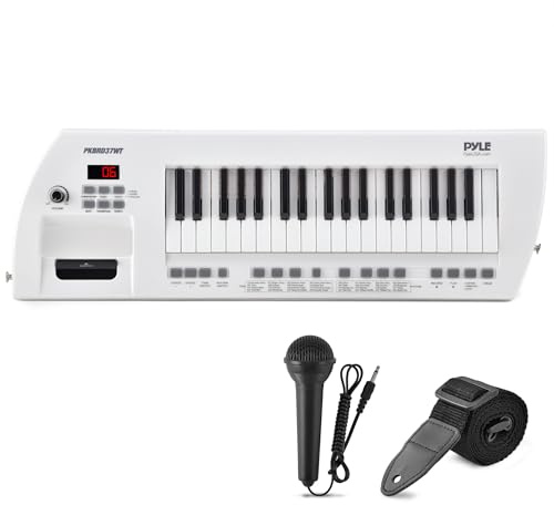 Pyle Teclado de piano portátil, diseño compacto, teclado de piano electrónico de 37 teclas y tablero musical digital con batería recargable integrada, micrófono con cable, altavoces y correa de