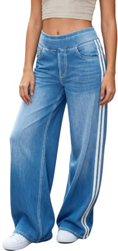 LaiEr Jean à Jambe Large pour Femme Design Unique à Blocs de Couleurs, Taille Haute avec Contention Abdominale, Coupe Droite et Ample.Denim en Pantalons à Haute élasticité