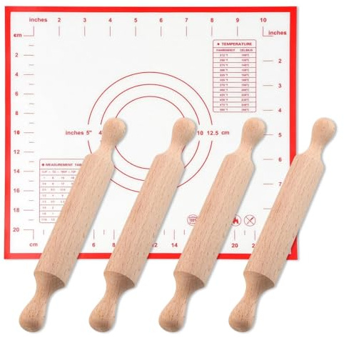 Mini Rolling Pin 4 Pack Kids Small New Year Wooden Rolling Pin with Silicone Baking Mat Non-Stick Clay Playdough Dough Rollers for Kitchen Cookie Making Pizza Pie Crust Embossed Pastry Party Supplies