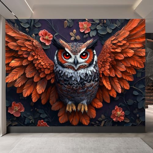Vlies fototapete 3d Eule, Tapeten für Wohnzimmer Schlafzimmer, Blumen Moderne Vliestapete Wandtapete, Tier Motivtapeten-200cm breit x 140cm hoch