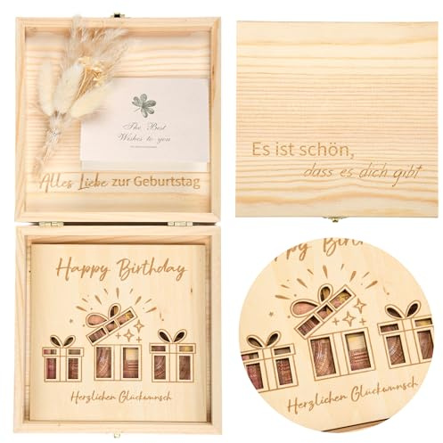MINISONA Kreatives Geldgeschenk Geburtstag Holzbox- Geschenkbox mit Überraschungsmoment & Gedichtkarte - Geld präsentieren als einzigartiges Geschenk für Sie & Ihn, Freunde, Kollegen(Geburtstag)