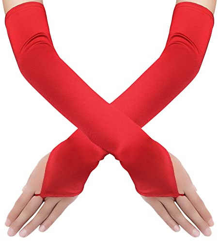 Sepheo 1 Paar Lange Satin Handschuhe für Damen Ca. 48cm,Fingerlos Abendhandschuhe Weich Gloves aus Stoff,Elegant Kostüm Accessoires für Frauen Braut Hochzeit Oper Ball Karneval Party,Rot