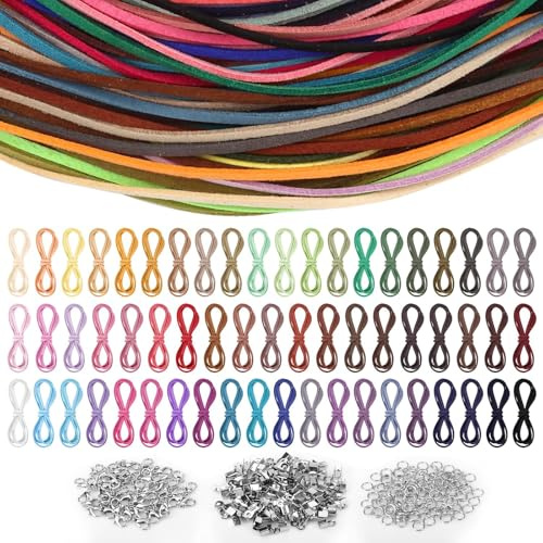 60 Farben Lederband Lederband für Ketten 1 M X 2.6 MM Flaches Lederschnur Set Basteln Lederbänder mit Verschluss, Karabinerverschluss und Biegeringe für DIY Schmuck Armband Handwerk