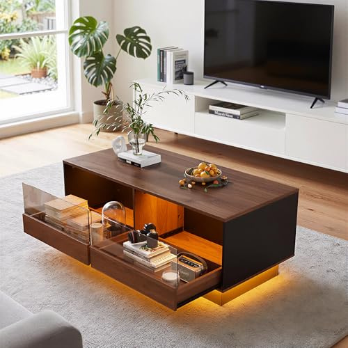 Couchtisch mit LED und 2 Schubladen Wohnzimmertisch für Couch Kaffeetisch mit Klein Glas Vitrinenschrank Modern Sofatisch mit Stauraum Couchtisch aus Holz & Gehärtetem Glas 50x100x42.7CM,Braun+Schwarz