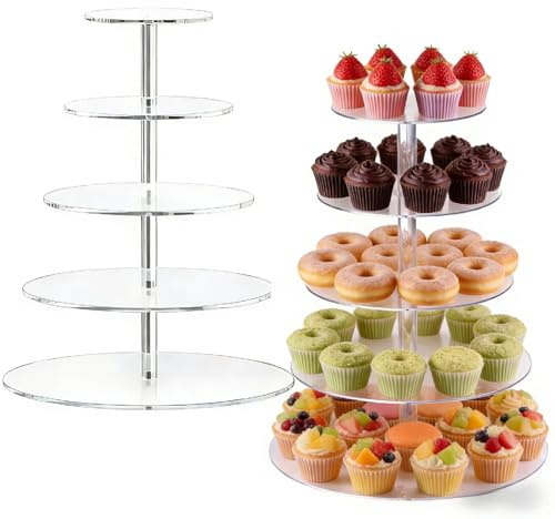 5 Tier Round Acrylic Cupcake Stand, Clear Dessert Display Tower with Adjustable Height, Acrylic Display Stand Cake Holder for Weddings, Birthday Parties, Baby Showers and Buffet Presentations