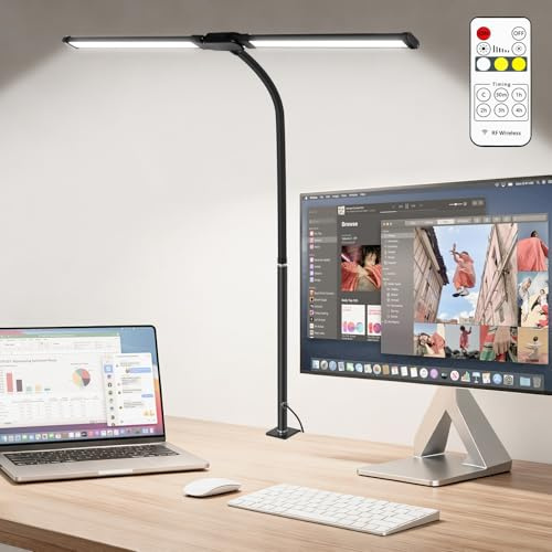 vsshe Lámpara Escritorio LED, Flexo LED Escritorio Potente con Clip 1200LM, 3 Modos de Luz X 10 Niveles de Brillo, Temporizador y Memoria, 360° Lámpara de Lectura Flexible para Trabajo Estudio Lectura