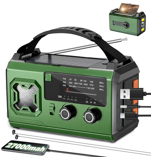 27000mAh Kurbelradio Notfallradio mit Solar & Powerbank: AM/FM Solarradio, Handkurbel, SOS, Taschenlampe, Leselampe, Kompass & Kopfhöreranschluss – Ausrüstung für Camping & Stromausfall (Olivgrün)