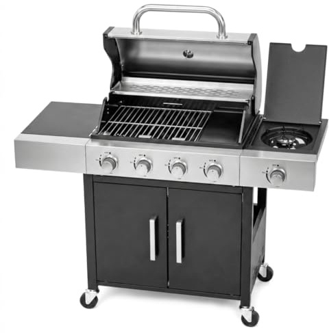 Meridiana Barbecue a Gas Professionale XXL Con 5 Fuochi Multifunzione Da 13 KW, Completo Di Bruciatore Laterale, Coperchio, Termometro, Griglia In Acciaio e griglia Ghisa, Ruote, Struttura In Acciaio