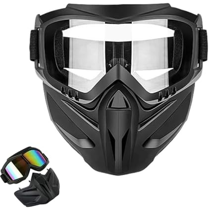 WANWEN Maschera integrale rimovibile con occhiali protettivi, maschera per occhiali da moto, antiappannamento, anti-UV, antipolvere, antivento e antiurto (Transparent)