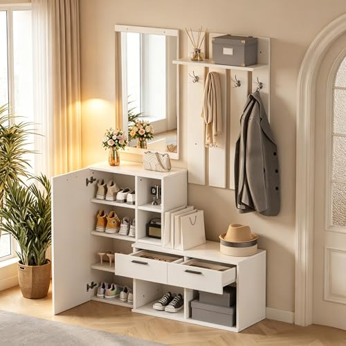 Qsddk Garderobe Set, Wandgarderobe mit Spiegel und Schuhschrank, Weiß | Für Flur und Diele, Flurgarderobe, Mit Schubladen Stauraum, Mit Türen und Haken, Flur Möbel, Garderobenset