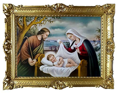 MARIA JOSEF UND JESUS IN BETHLEHEM Gemälde Antik Barock Rahmen Barockrahmen mit Bild Wandbild 70x90cm Kunstdrucke Gemälde Religiöse Bilder Kunst von Heiligen Retro Repro für Home Büro Praxis Café 58B