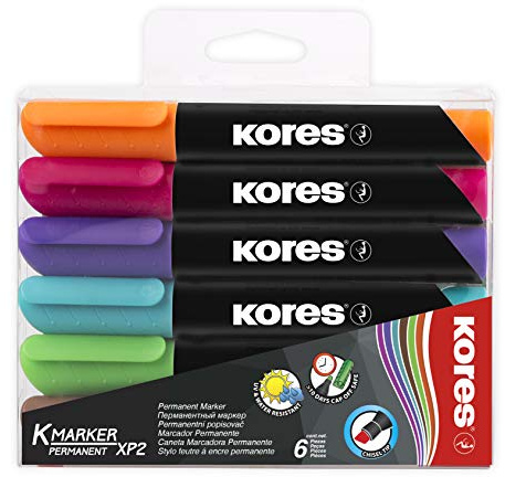 Kores - K-Marker XP2 : Marqueur permanent de couleur, pointe biseautée, encre imperméable et à faible odeur, pour toutes les surfaces, lot de 6 couleurs assorties