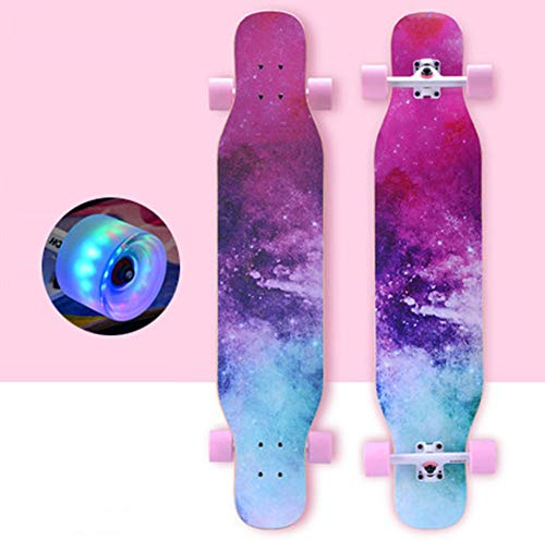 HSGAV Longboard Kinder Anfänger 43 Zoll Vintage Fancy Cruiser Street Skateboards,Mädchen Jungen Erwachsene Profis Old School Pinsel Street Buntem LED-Lichtrad Surfing Penny Board, Lila