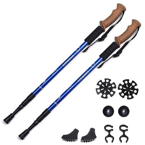 ThreeH Lot de 2 Bâtons Randonnée avec Poignées en Liège Bâtons Marche avec Système Verrouillage Rapide et Anti-Chocs Cannes Ajustables pour Le Trekking en Montagne Bleu