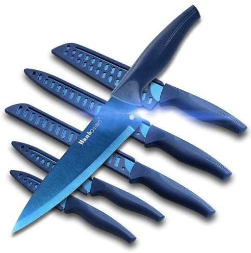 Wanbasion 6Pcs Blue Titanium Kitchen Knife Set Dishwasher Safe, Sharp Knife Set Stainless Steel, Professional Kitchen Knives Set for Chefs with Protection Covers