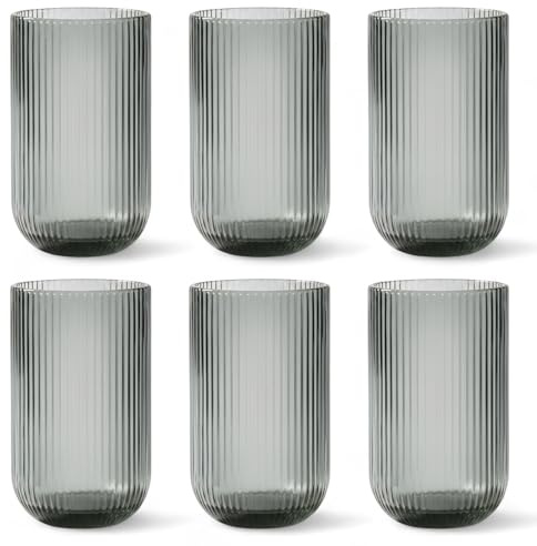 GMMH Set med 6 räfflade dricksglas och vinglas, lina, räfflade linjer, ribbstickade glas, longdrinkglas, cocktailglas med prägling, dricksglas, vinglas, vattenglas (grått dricksglas)