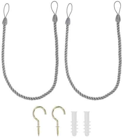 PATIKIL Cuerdas para Abrazaderas de Cortina Paquete de 2 Cordones Decorativos para Sujetar Cortinas Trenzadas para Decoración de Hogar Oficina con Gancho Tornillo Gris Plateado