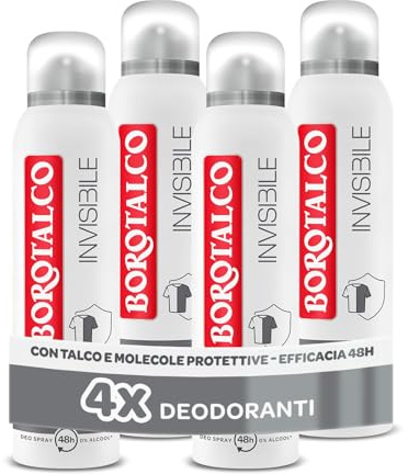 Borotalco, Deodorante Spray Invisibile Grigio, con Talco Effetto Barriera, Cattura e Non Trasferisce Aloni, 48h efficacia, Senza Alcool,Profumo Classico - 4 Pezzi da 150 ml - Esclusiva Amazon