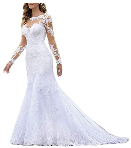 WZEFEIO Spitzen Applikationen Langarm Hochzeitskleid Standesamtliche Brautkleid, Weiß, 44