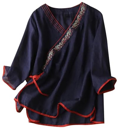 Chinois Style Vêtements Hauts Femmes Coton Lin Chemises Broderie Stylé Hauts Grandes Tailles Tunique Élégant Col en V Chemise Vintage Manches 3/4 Blouse Tunique Enroulée Costume Tang, Marine, XXL