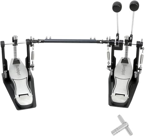 Double Bass drum Pedal,Double Bass Pedal with Adjustable Beater Head,Double Chain Drive Foot Kick Pedal with Drum Key for Drum Set and Electronic Drums (Silver, Double drum pedal)