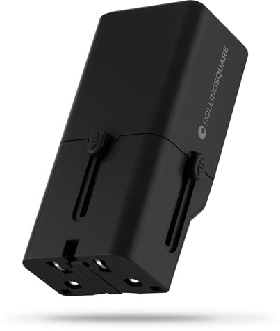 Rolling Square Portable Pocket Travel Adapter - Adaptador de Viaje de Bolsillo Portátil, Cargador USB-C Universal para 200+ Países US, EU, UK, AU, Carga Rápida 30W para Smartphones, Compacto, Negro