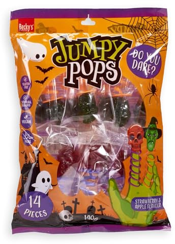 Jumpy Pops Halloween Lollies 140g – Sucettes sucrées en forme de tête de mort & sorcière avec ressort à enrouler autour des doigts – Cadeaux de fête, Trick or Treat, anniversaire & bonbons déco