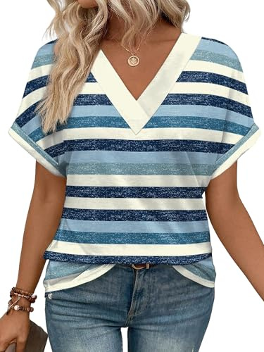 Cuptacc Camisetas Mujer Verano Rayas Cuello en V Blusas Mujer Básica Manga Corta Elegantes Túnica Rayas Azules, Medium M 38-40