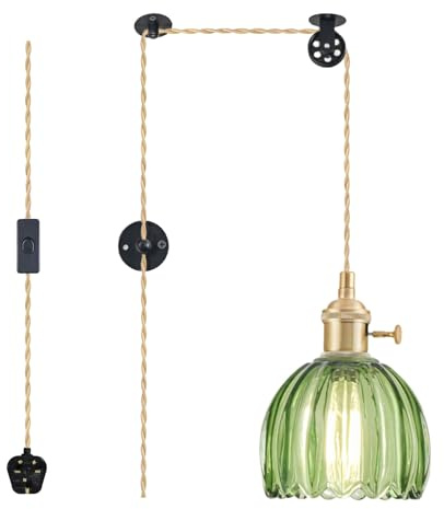 Plug in Pendant Light Fixtures, Hanging Pendant Lights Vintage Glass Pendant Lighting, Mini Green Tulip Light Pendant, Pendant Lights for Kitchen, Bedroom, Dining Room, Light Bulb Not Included