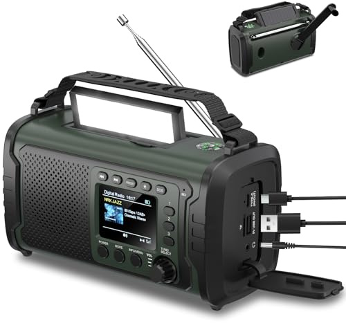 27000mAh DAB+/FM Notfallradio mit Powerbank – Solar- & Kurbelradio mit Bluetooth, SOS, Taschenlampe & Leselicht für Camping, Wohnmobil & Stromausfall（Armeegrün）