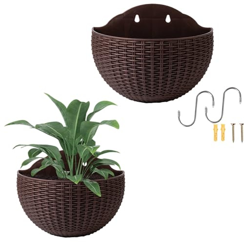 Reflimand 2PCS Hanging Planter Outdoor Pot, Imitation Rattan Wall Hanging Flower Pot, Wall Plant HangingFlower Pots with Drainage Holes & Hook, Semicircle Plants Holder Hanger for Railing Fence Decor