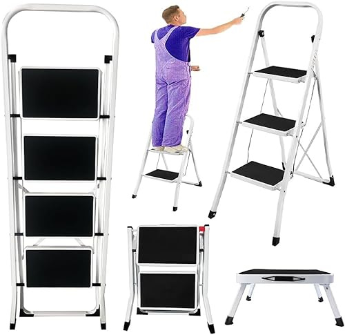 Scala Pieghevole in Acciaio A 3 Gradini, Sgabello Robusto con Corrimano di Sicurezza E Piedini Antiscivolo, Scala Portatile E Resistente per Casa, Ufficio E Magazzino. White 2 Step